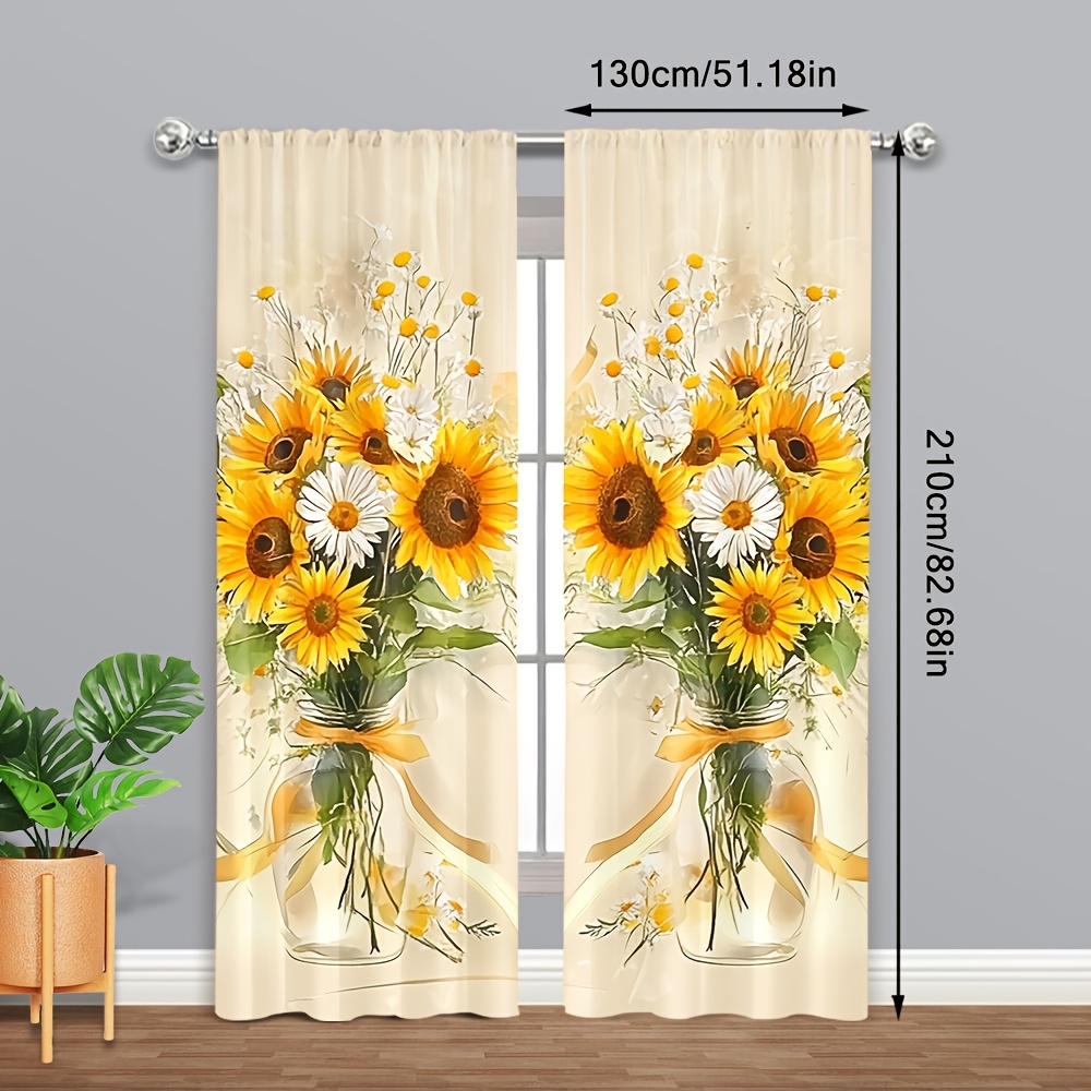 TEMU 2d Flat - 2d Flat - 2d Flat Printing 2pcs Sunflower & Floral Print Curtains - Rod For Easy Hanging, Perfect For Bedroom And Living Room Decor