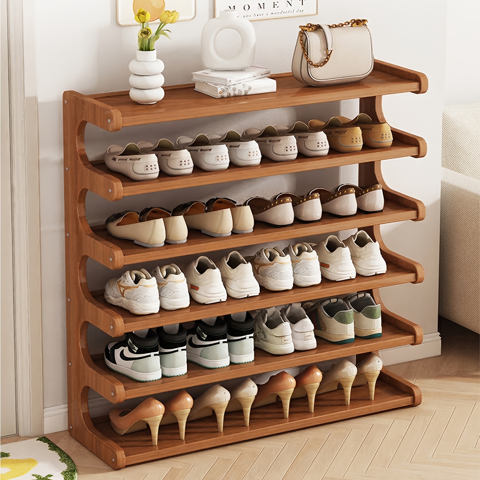 TEMU 3/5/6 Layer Bamboo Shoe Rack, Bamboo Shoe Storage Solution, Independent Sorting Rack, Easy To Assemble, Space, Suitable For Entrances, Living Rooms, Bedrooms, And Garages.