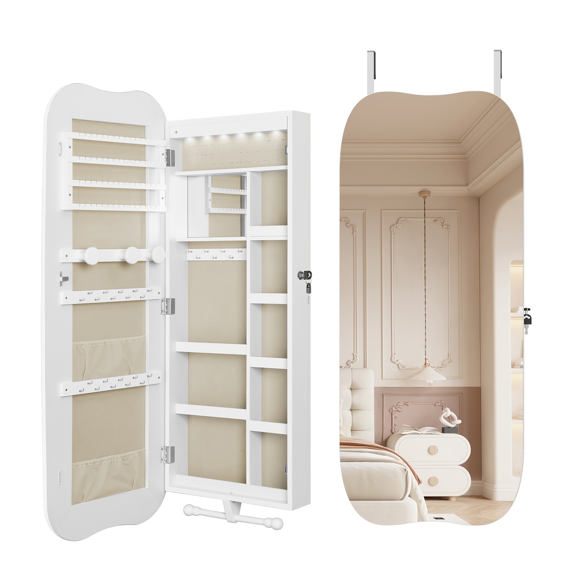 TEMU Gabinete de Joyería, Gabinete con Espejo, Gabinete de Pared con Iluminación LED, Gabinete de Pared con Espejo, Cerradura, Con Espejo Interior,