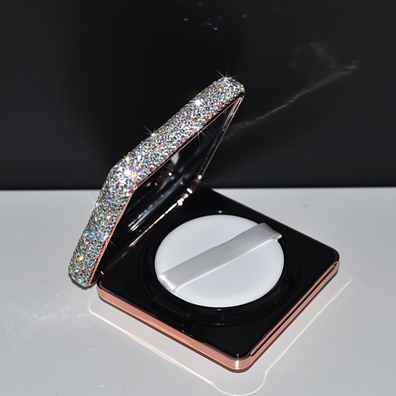 

Luxury Rhinestone-encrusted Square Powder Puff Case With Mirror, Refillable Compact Foundation Bb Cream Cushion Box, Unscented Plastic Makeup Container With Puff And Integrated Mirror