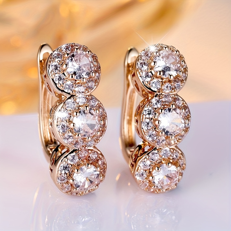 Image of 1 Pair Luxury Golden Color Round Cut White Stone Drop Earrings Bling Bling 3 Stone Earrings Valentine's Day Gifts For Pretend Play