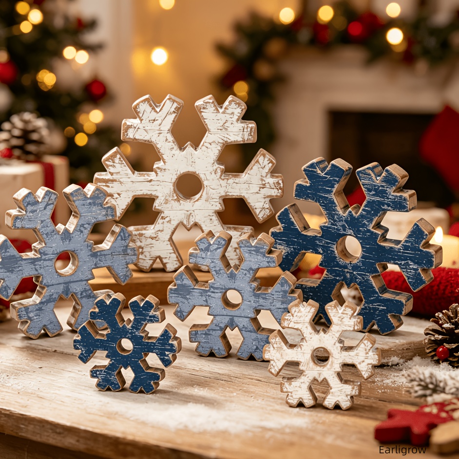 TEMU Winter And Christmas Party Table Centerpiece, Wooden Snowflake Ornament, Winter And Christmas Home Decoration, Farmhouse Style Tabletop