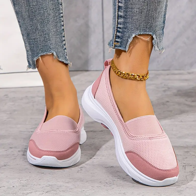 womens spring casual slip on sneakers comfortable solid color mesh fabric shoes non slip soft pvc sole low top plain toe walking shoes for middle aged and elderly details 4
