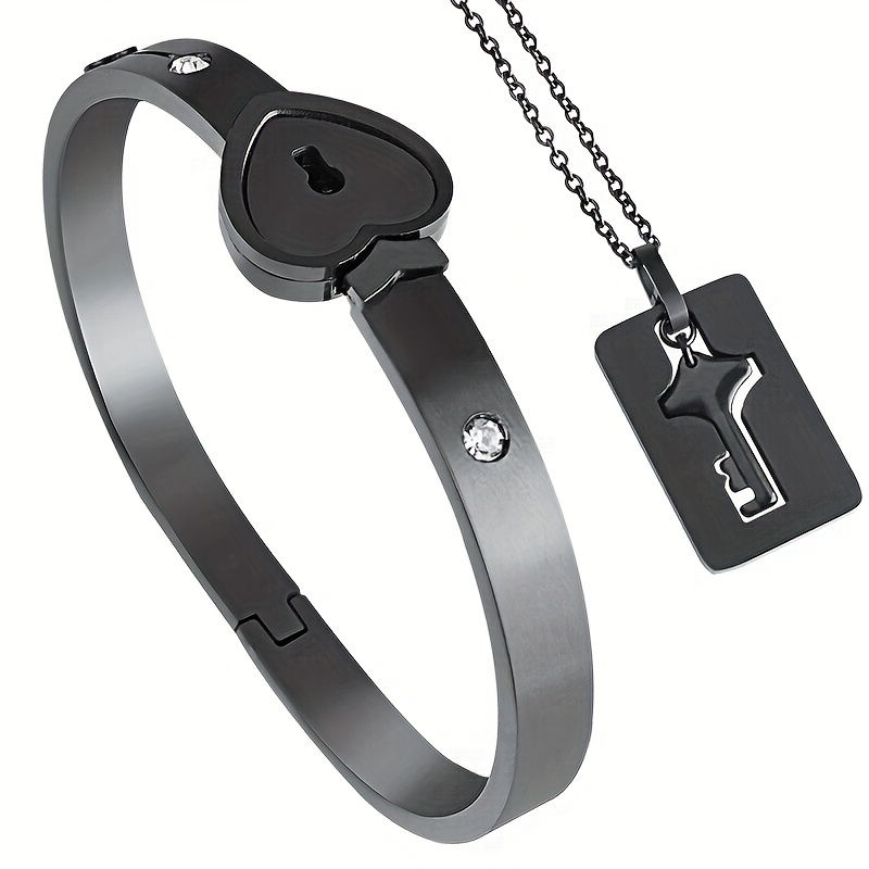 TEMU Fashion Sky Men And Women Couple Bracelet Fashion Versatile Love Heart Stainless Steel Titanium Steel Bracelet Square Card Key Pendant Necklace