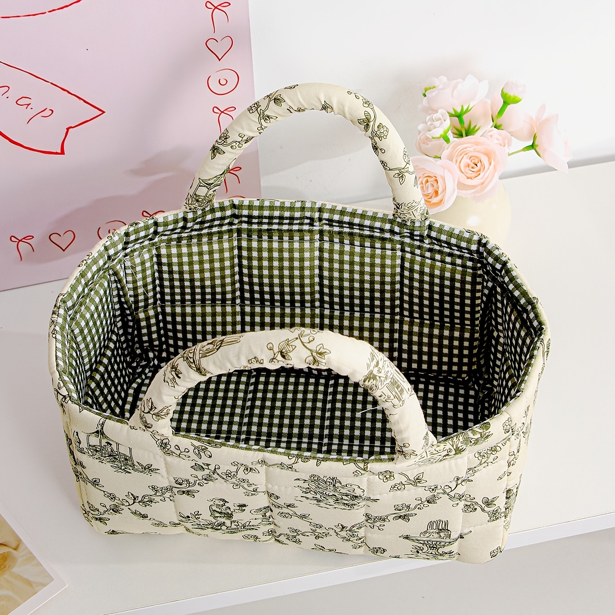 TEMU [Panier de rangement] Panier de rangement de style vintage imprimé aléatoirement, adapté aux produits de soin de , au rangement de cosmétiques,