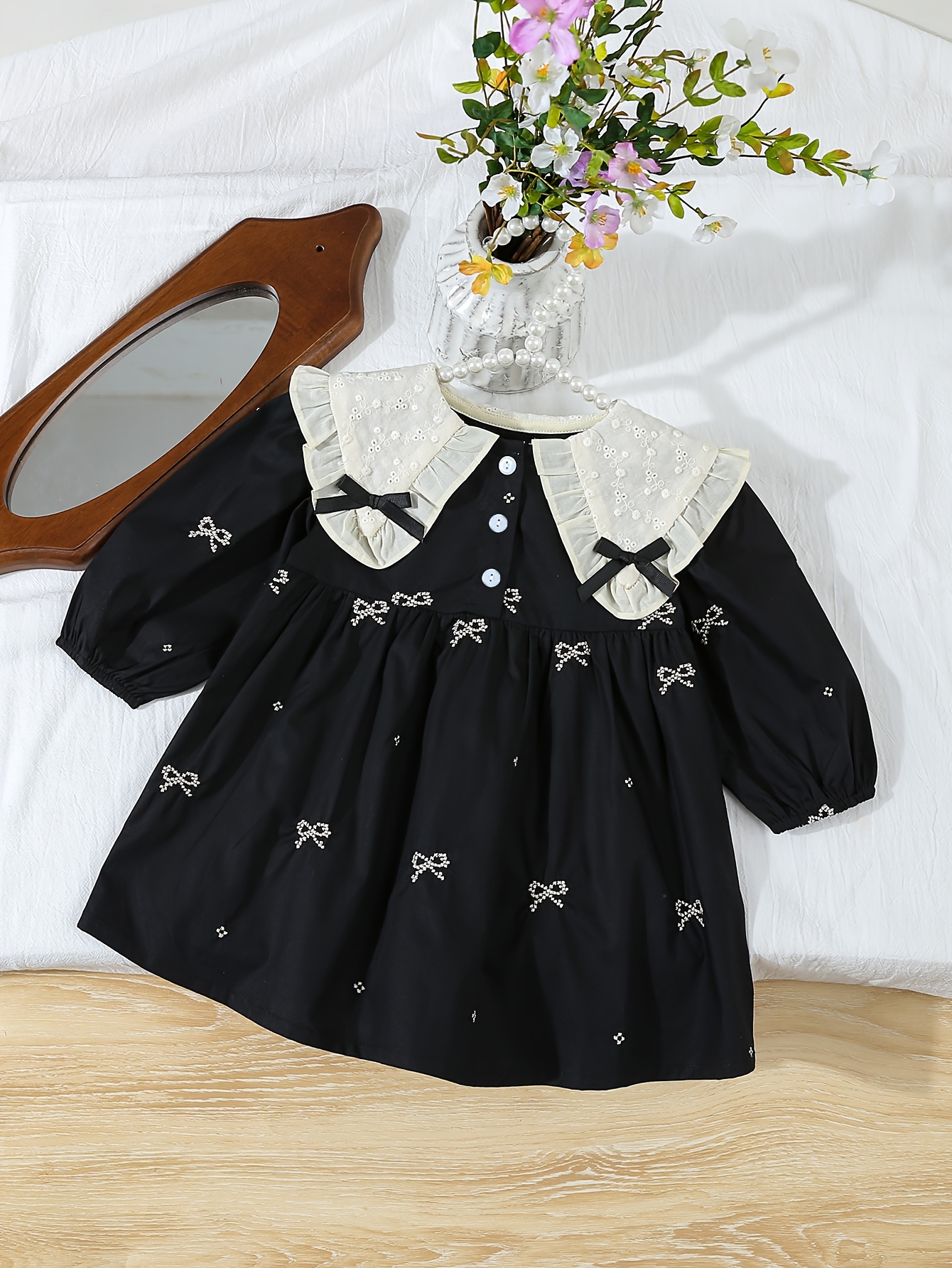 Autumn Winter Baby Girls Long Sleeve Dress Peter Pan Collar Infant Black  Dress