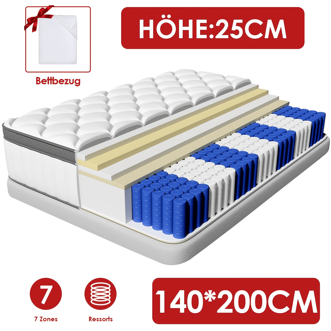 TEMU | Gronfont Mattress 180x200/160x200, 140x200/120x200, 100x200/90x200/80x200cm, Height 25cm/28cm, Premium Mattress, Ergonomic 7-zone Mattress,