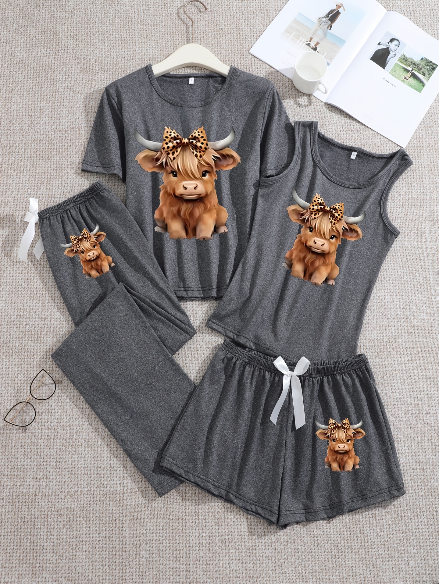 item picture western leopard   pattern 4pcs set womens simple and casual loungewear vest short sleeve shorts long pants