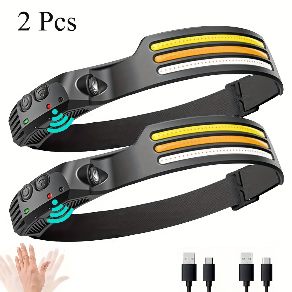 

2pcs Led Headlamps, Usb Rechargeable Flashlight With Motion Sensor, For Outdoor, Walking, Hiking, Running, Camping, Fishing