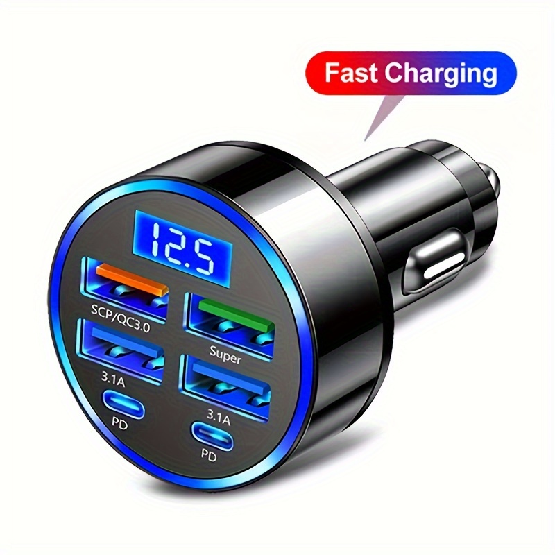 

6-in-1 Car Charger With Display, Usb 3.0/3.1a Fast Charging, Adapter, Dual Pd, Universal Compatibility, 36v Voltage, For Smartphones, Tablets, And More