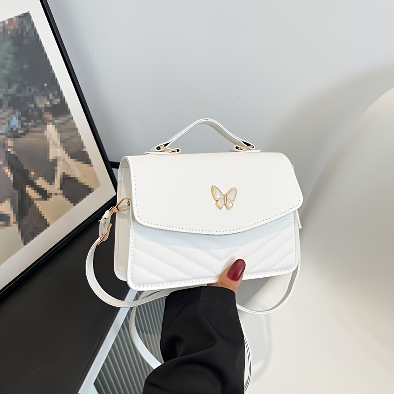 TEMU Elegant Quilted Square Crossbody Bag, Adjustable Strap, Magnet Closure, Leather Lining, Lightweight, Urban Style, White/black/khaki Color Options