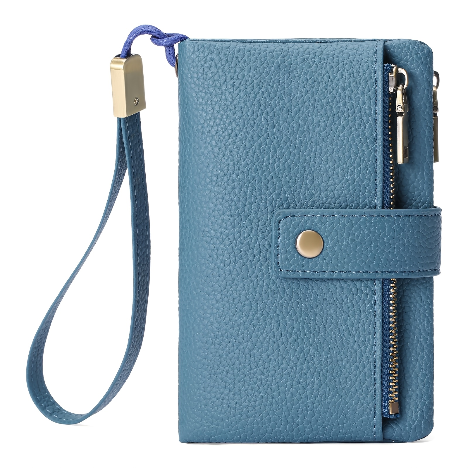 Women's Leather Strap Wallet - Detachable Rfid Blocking Wristlet With 17 Card Slots, Solid Color Double Zipper Organizer For Travel/gift