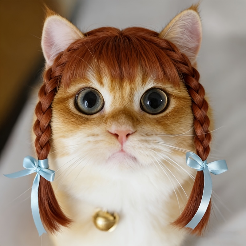 TEMU Cat Double Ponytail Wig Headpiece - Soft Braided Hair Suitable For Small Dogs & Pet Photo Props, Hand Washable Wig With Double Braids, Fun