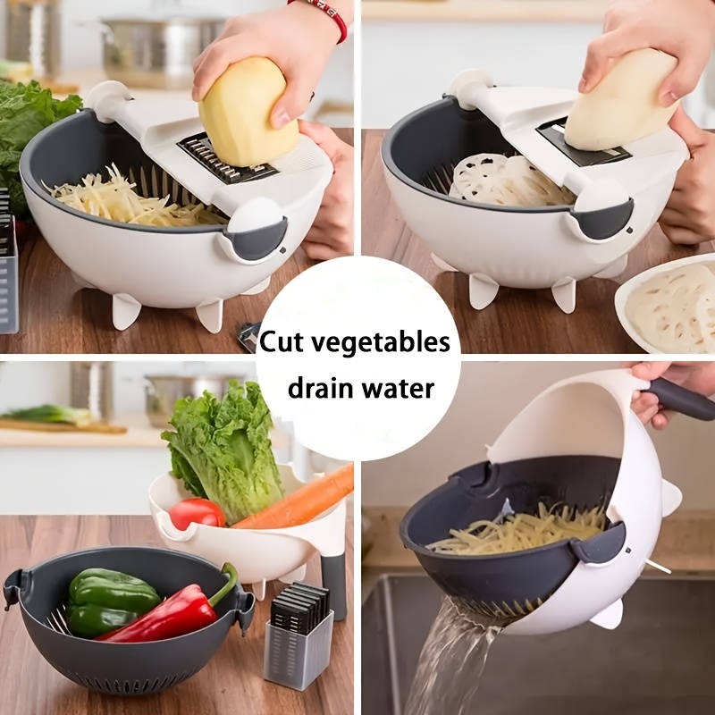 1  functional 9 in 1 plastic vegetable cutter and strainer basket with detachable blade non slip handle and   design for shredding slicing and draining kitchen gadget for potatoes carrots onions details 4