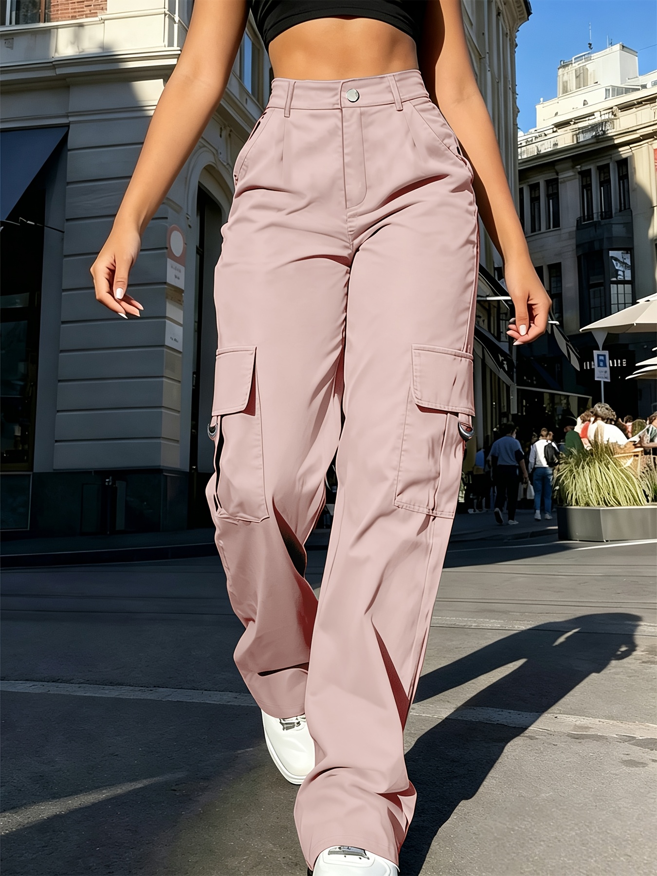 womens high waisted cargo pants black straight leg multi pocket casual trousers street style versatile wide leg pants yoga pants suitable for   womens clothing