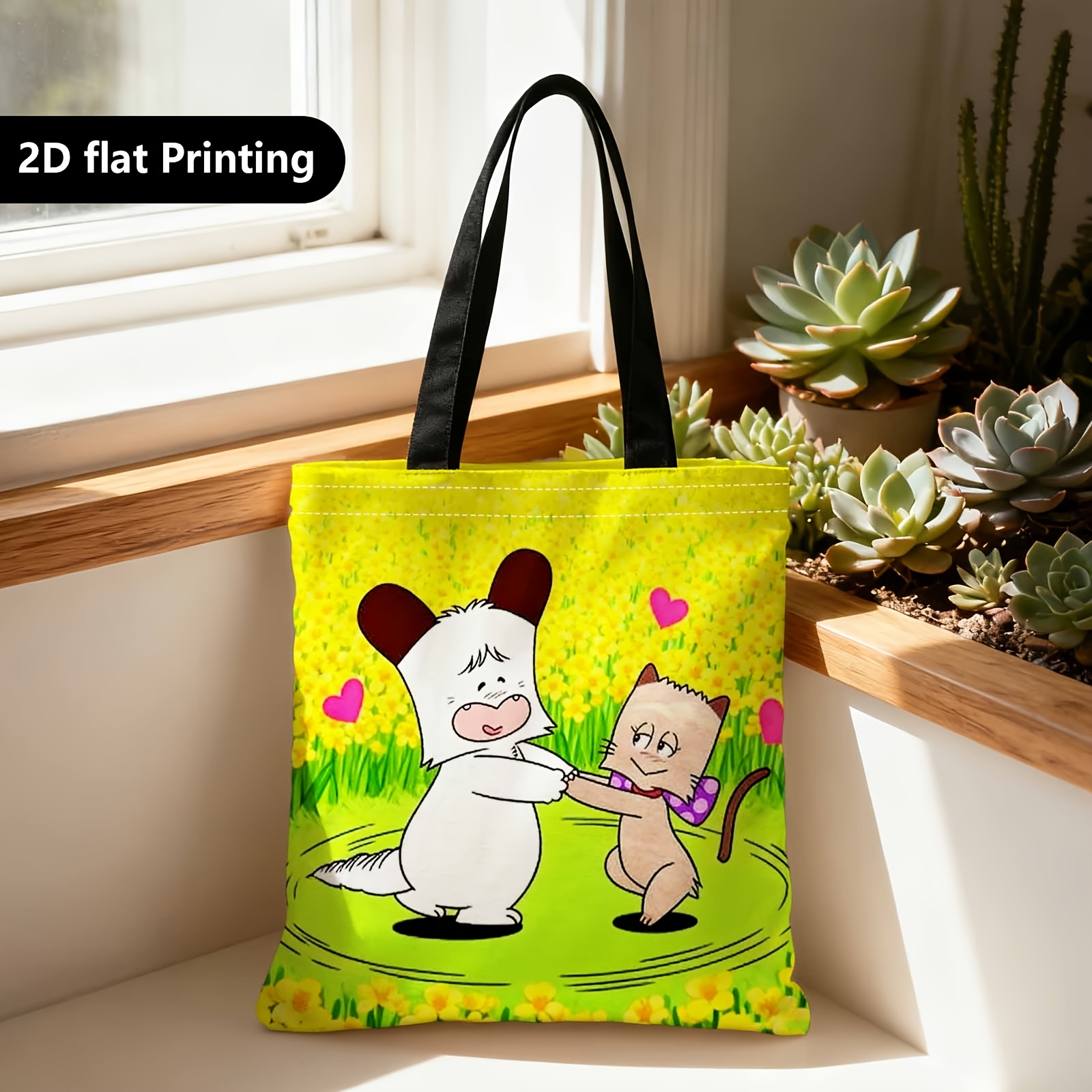 TEMU A Shopper's Tote, This Portable Bag Features A Double-sided Design With Cute Characters, Dancing Hearts, And Is Perfect For Travel, Cosmetics,