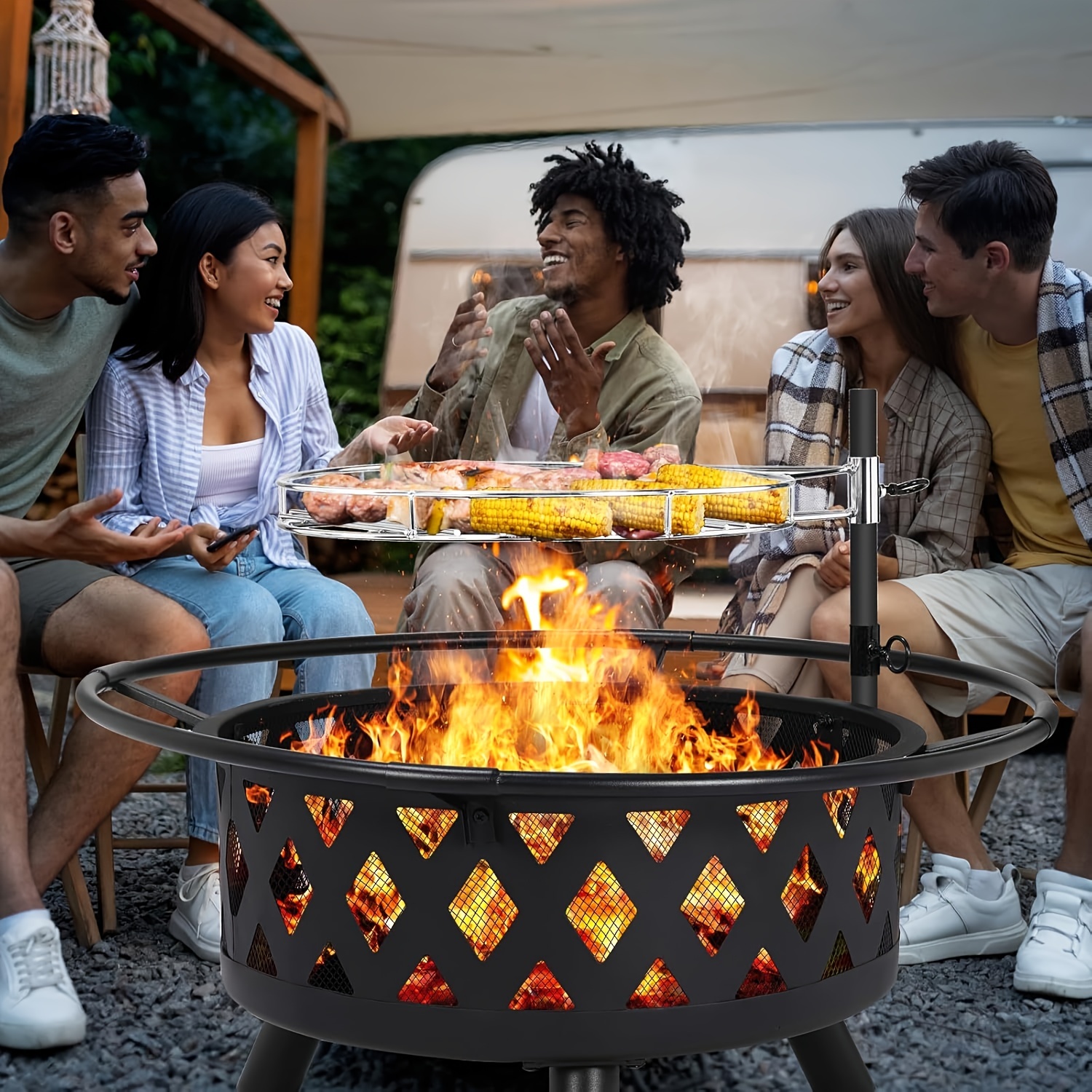 

Bol à feu avec grille rotative, grand bol à feu, bols à feu pour le jardin avec pare-étincelles, panier à feu de 76 cm avec tisonnier, foyer barbecue extérieur, foyer multifonctionnel