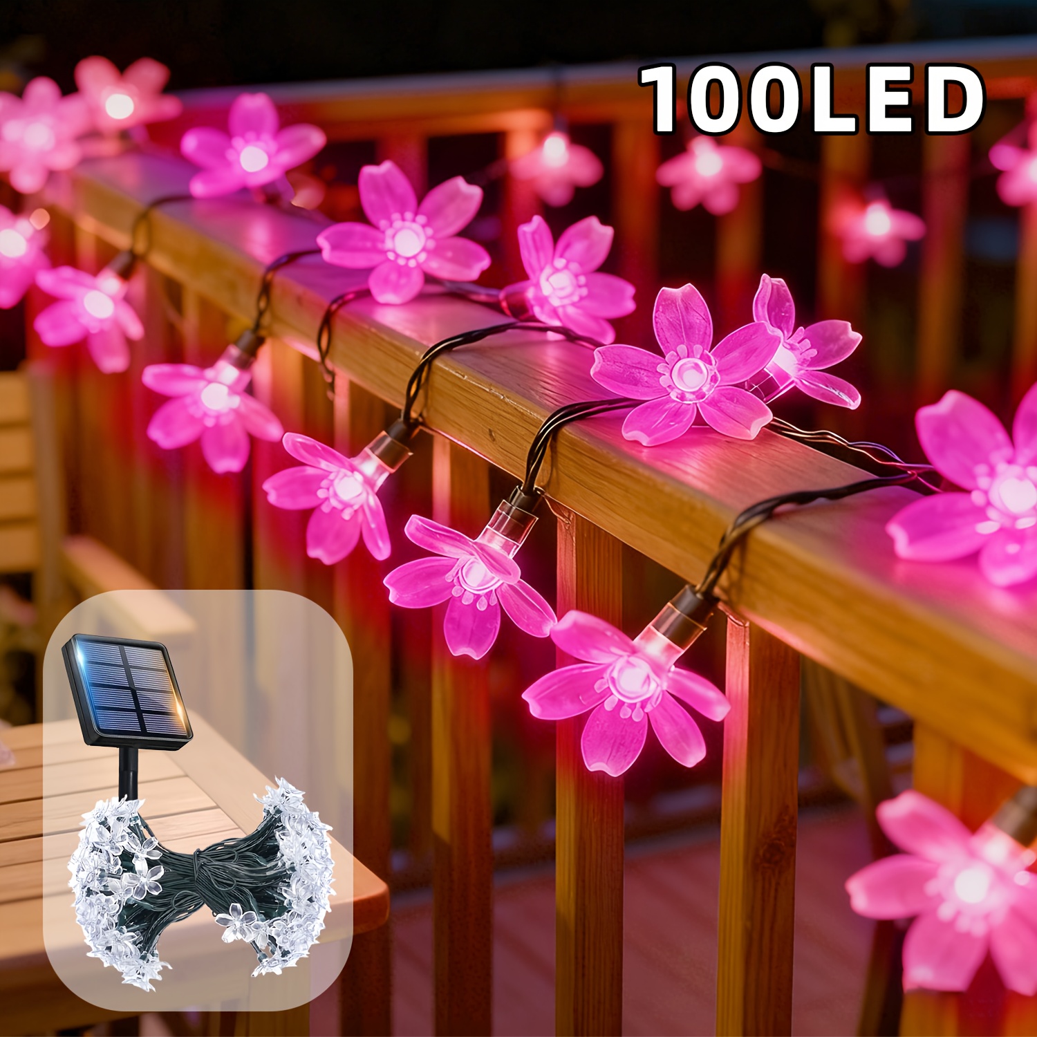 TEMU Solar-powered Transparent Cherry Lights - /100 Led, Button Control For 12 Switching, Light Sensor, Cherry Themed, Outdoor Garden Lights, For