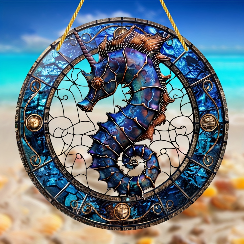 

Seahorse Stained Glass-style Acrylic Window Hanging - 8"x8" Round Light Catcher For All Seasons, Perfect For Home & Garden Decor, Porch Accents, Wreaths, And Gifts