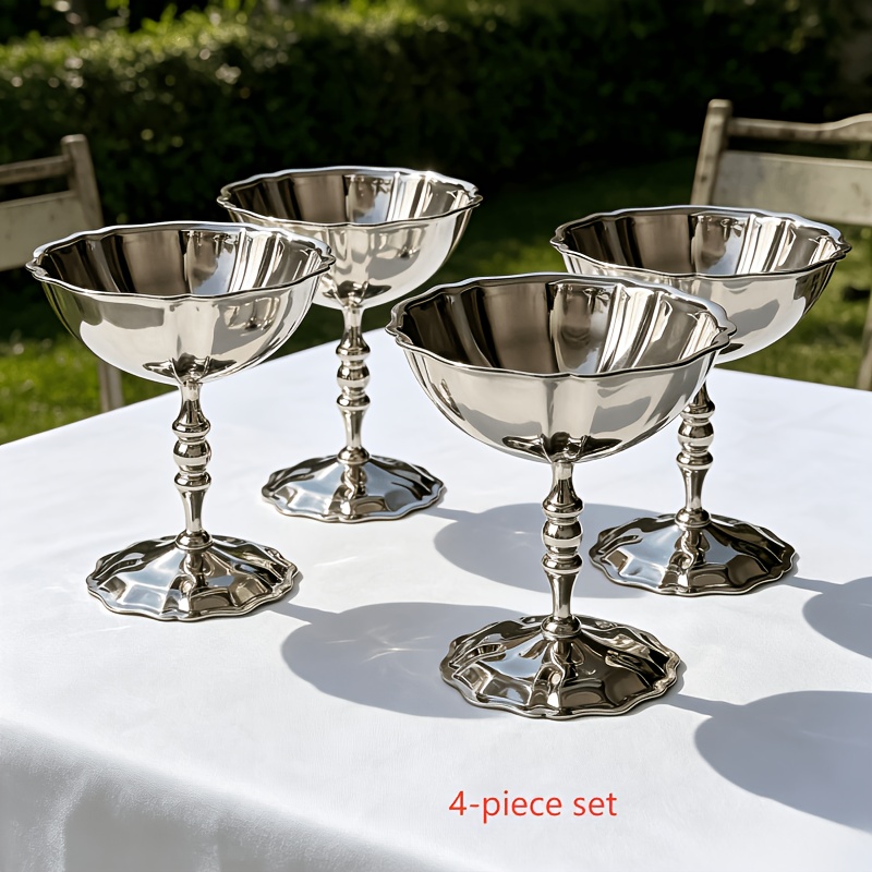 TEMU Ensemble de 4 tasses rétro Lotus, tasse à dessert en acier inoxydable, coupe à pied, bol à dessert, 180 ml/6 oz, bol à fleurs argenté , convient