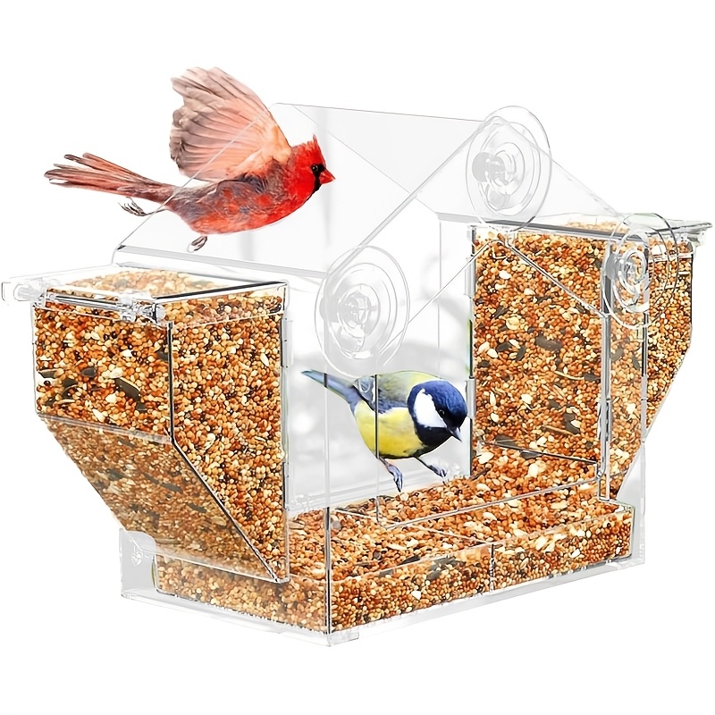 TEMU Upgraded Window Bird Feeder With Dual Side , High Capacity Outdoor Birdfeeder With Strong Suction Cups & Adhesive Mount, For Indoor Cats &