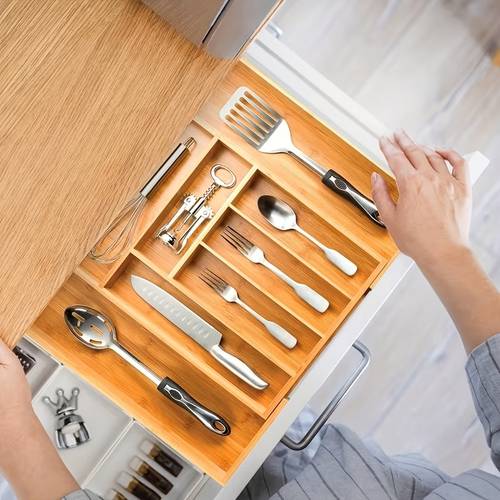1pc retractable bamboo multi functional kitchen tableware storage box with adjustable bamboo wood tableware tray suitable for storing tableware stationery and ornaments polished end