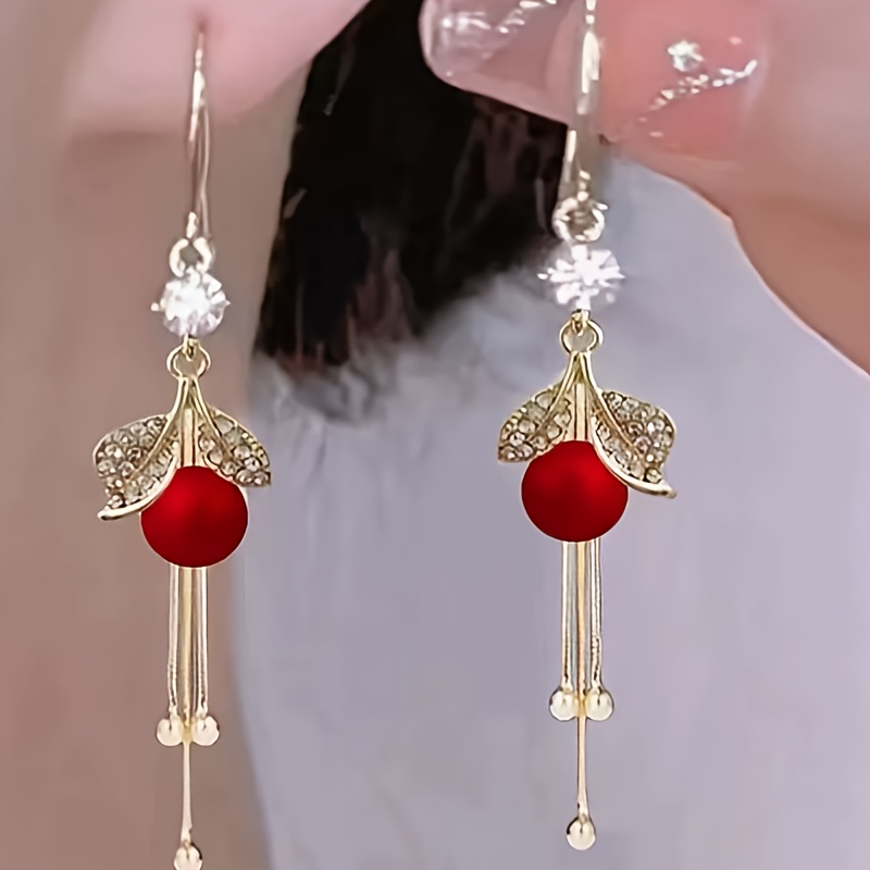 TEMU Une paire de boucles d'oreilles longues à franges de feuille avec des perles, parfaites pour quotidiennes