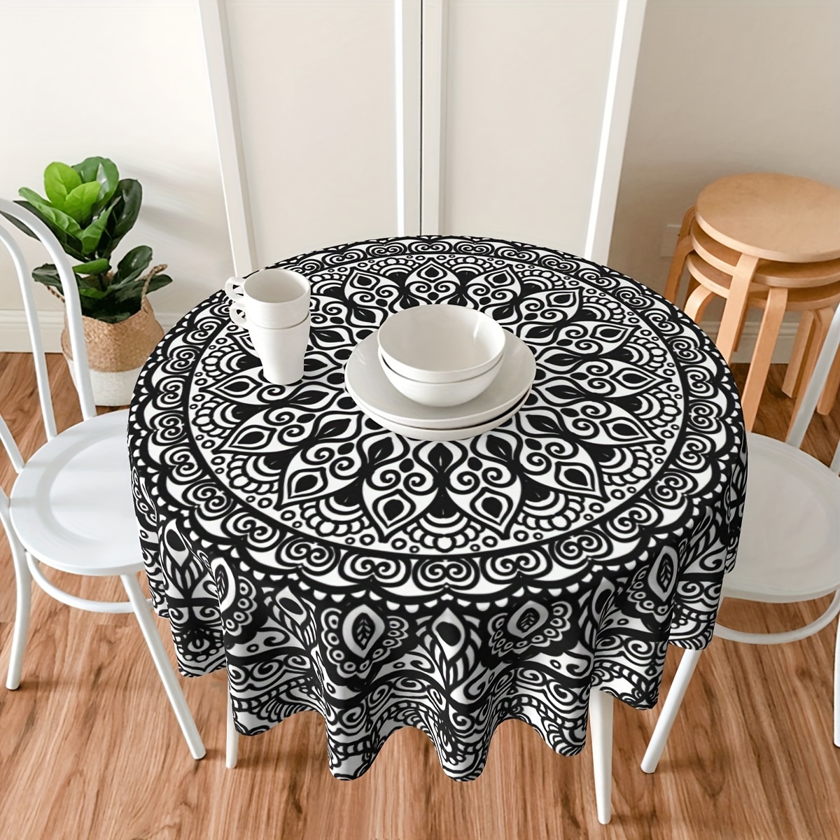 

Mandala Style Round Tablecloth - 100% Polyester, Handmade Woven Water Repellent Easy Clean Table Cover