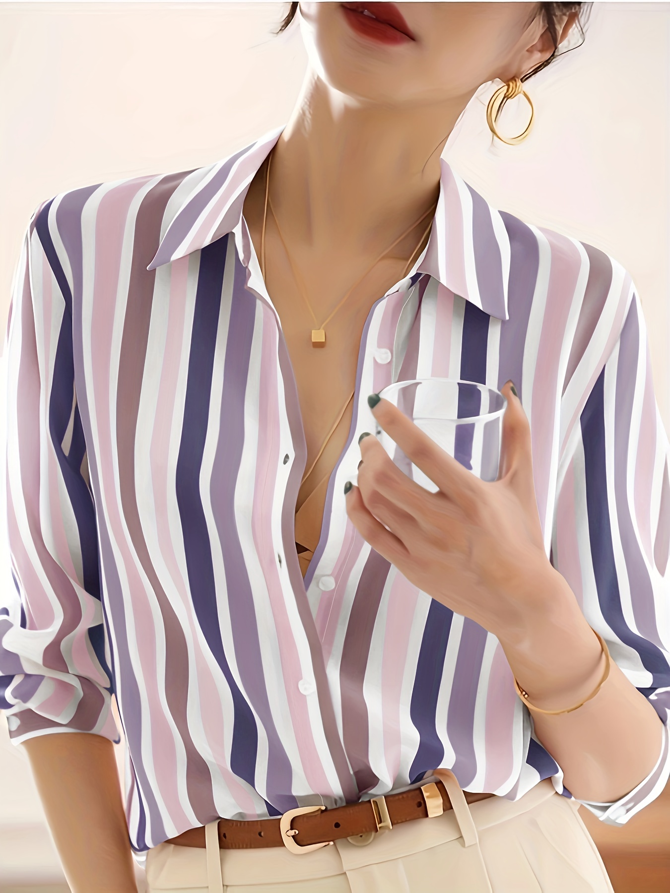 Striped Print Button Front Shirt, Casual Long Sleeve Shirt For Spring &  Fall, Women's Clothing