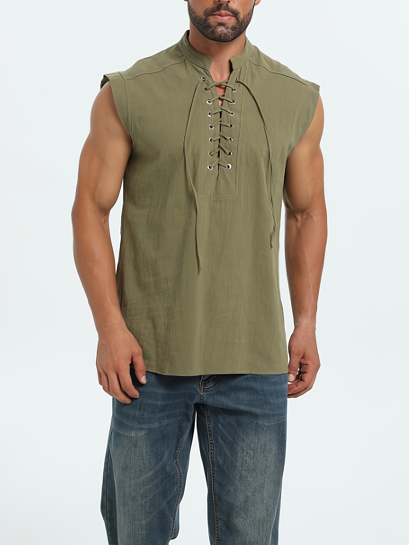 Men's Plus Size Sleeveless Traditional Chinese Guizhou Shirt - Stand Collar Loose Fit with Drawstring & Button Front Closure, Olive Green Casual Retro Top for Spring Summer Fall, Machine Washable, PLUS SIZE