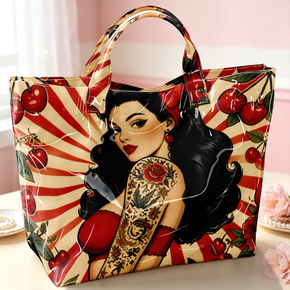 TEMU 1 pièce Sac à main en PVC, style tatouage vintage pour femme avec tatouage de rose et fond radial de cerises rouges, motif aléatoire, sac à main