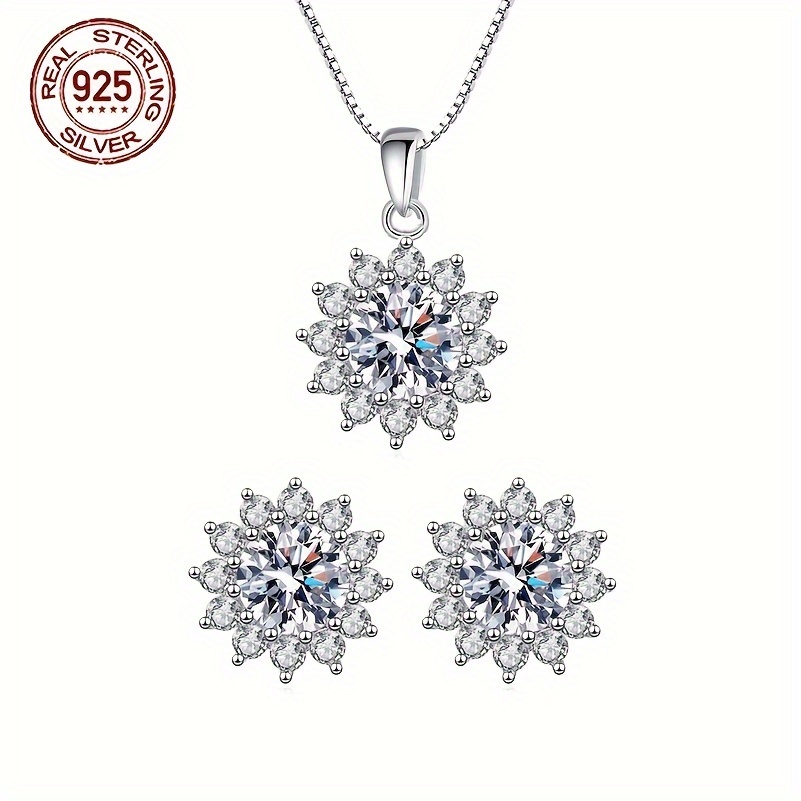 

1 Set Elegant 925 Sterling Silver Sunflower Pendant Necklace And Stud Earrings, Synthetic Cubic Zirconia, Hypoallergenic, Perfect Valentine's Day Gift For Women, Jewelry Set