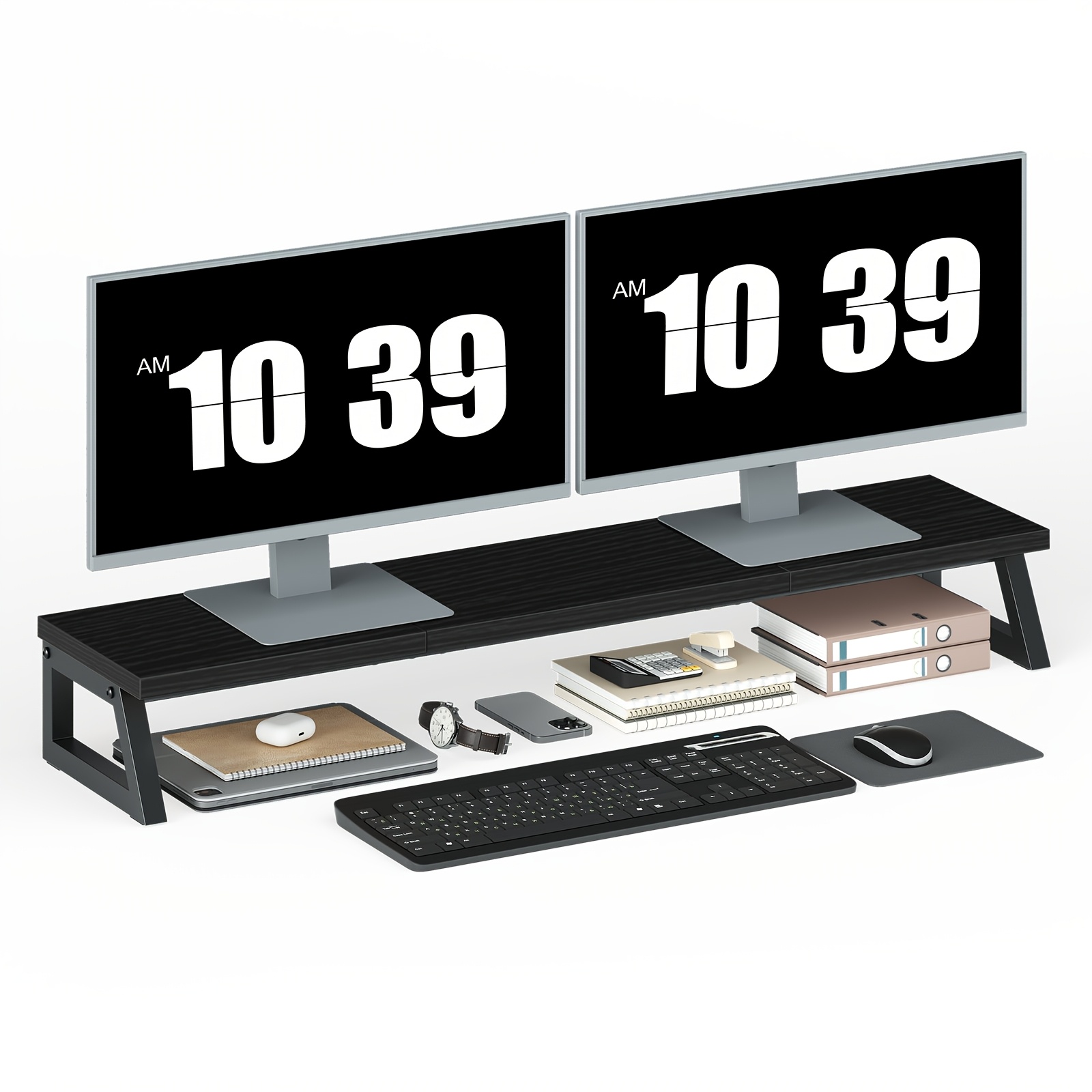 Wooden Dual-display Stand, Suitable For A Desktop Organizer With 2 Screens. Adjustable Height Of 100x24x12.5cm Display Riser, Suitable For Home And Office Work Areas, Black, Standing Shelf