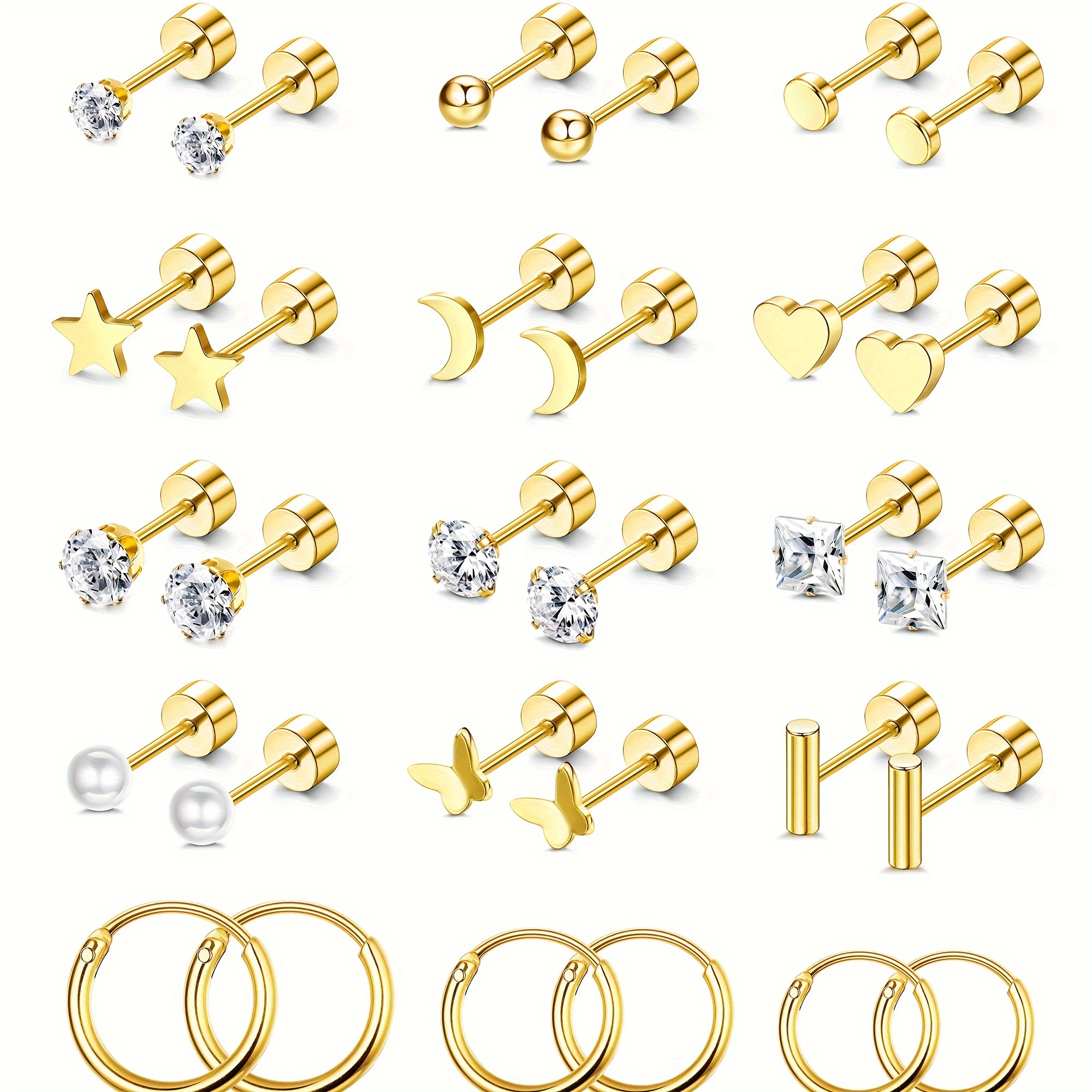 

Small Anti Allergic Flat Back Earrings For Men And Women, 14k Gold-plated Surgical Stainless Steel Earrings, Small Earrings, Spiral Back Earrings Set, Suitable For Multiple Perforations