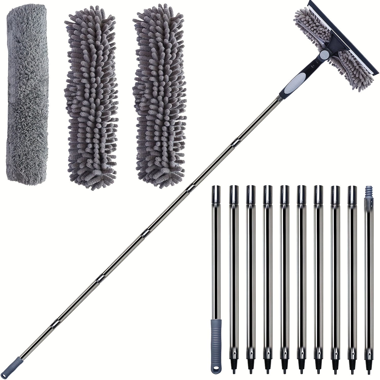 TEMU 4.5m 2-in-1 Window Cleaning Kit With 10 Poles, Adjustable Long Handle, Grey Window Cleaning Tool With Coral Fleece Cover, 3-in-1 Squeegee &