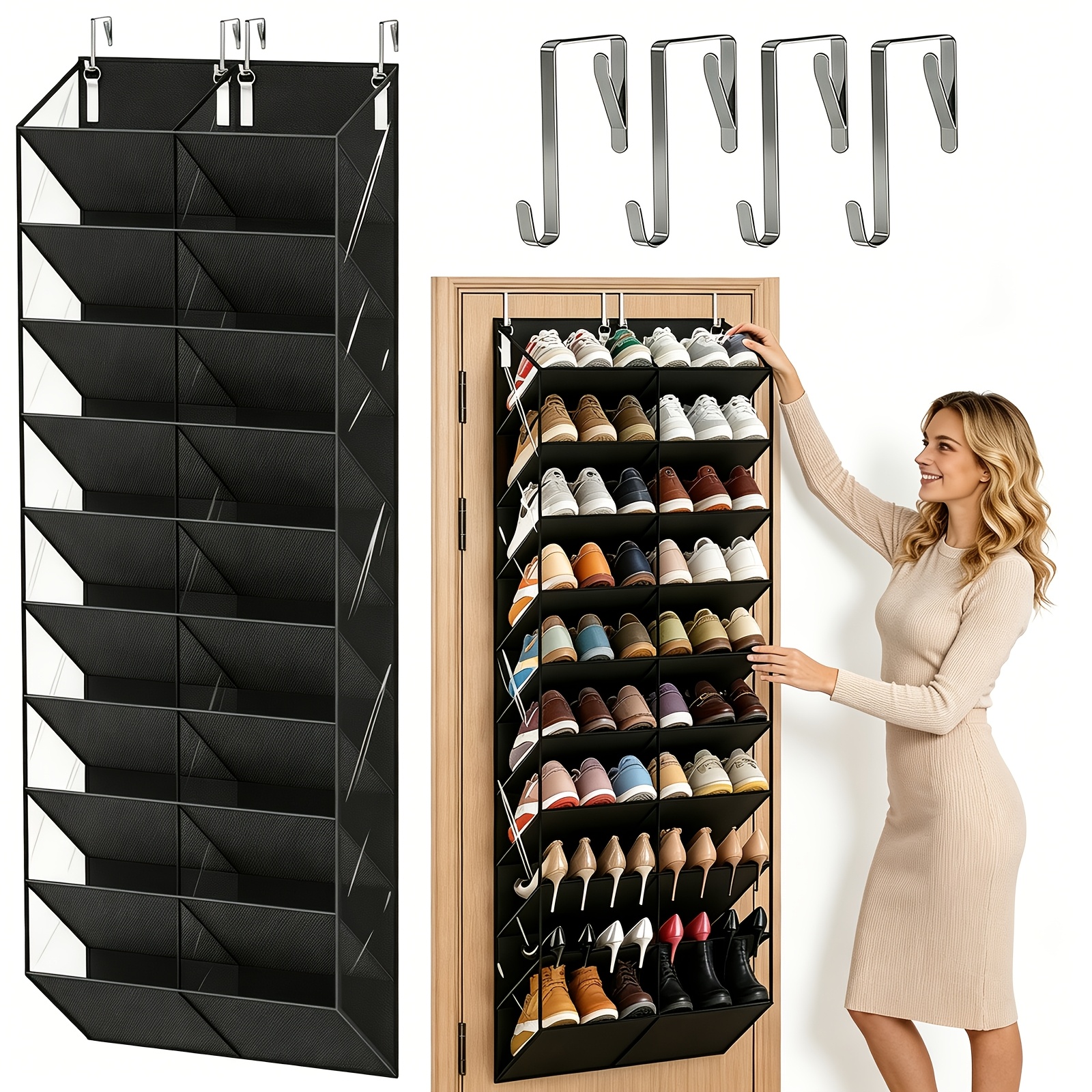 TEMU 1pc 10-tier 20-pocket Over The Door Hanging Shoe Organizer With Clear Pockets, Holds 20-30 Pairs For Sneakers, Boots And Heels, Ideal For Closet