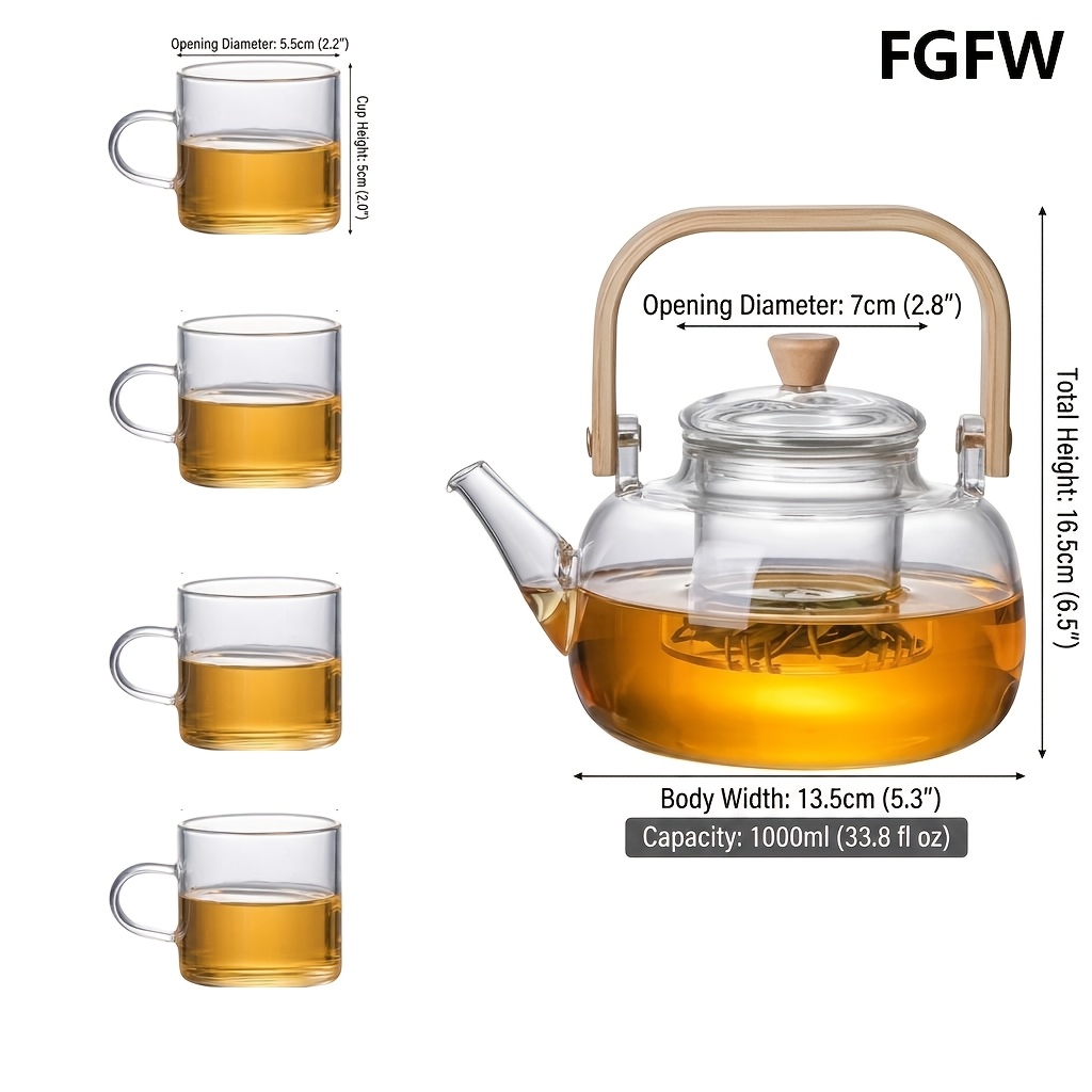 TEMU 1pc 1000ml Borosilicate Glass Teapot With Ergonomic Wooden Handle, Heat-resistant Stove-safe Teapot, Suitable For Iced Tea And , Transparent Tea