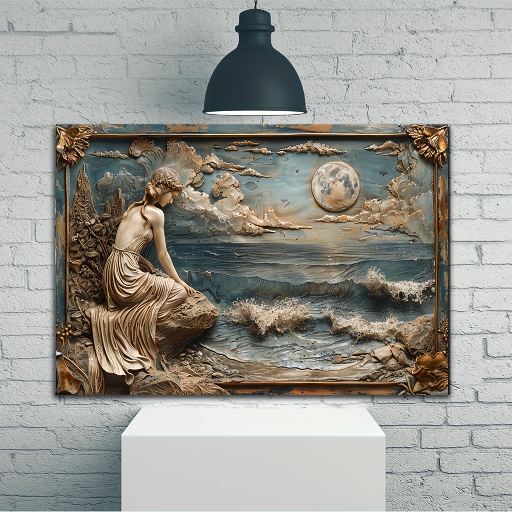 

Seaside Mermaid Wooden 3d Effcet Canvas Painting Wall Art Prints For Home Decoration, Living Room & Bedroom, Festival Party Decor, Gifts, Ready To Hang