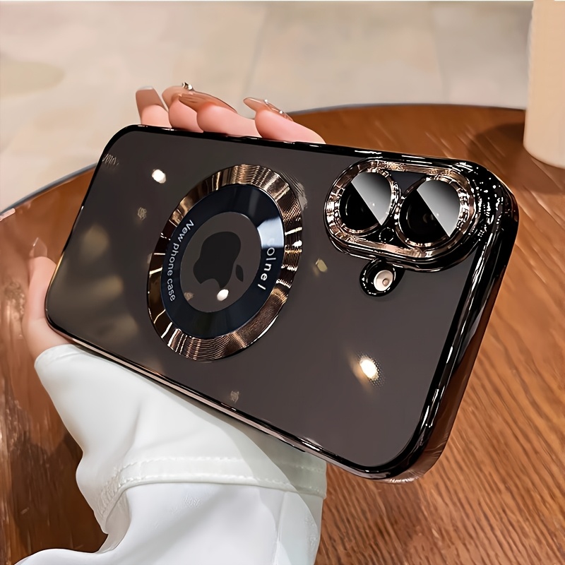 Phone Case: Luxury Display Logo Plating Transparent Magnetic Wireless Charging Phone Case For Iphone 11/12/13/14/15/16 Pro Tpu Shockproof With Lens Film Hollow Logo Cover