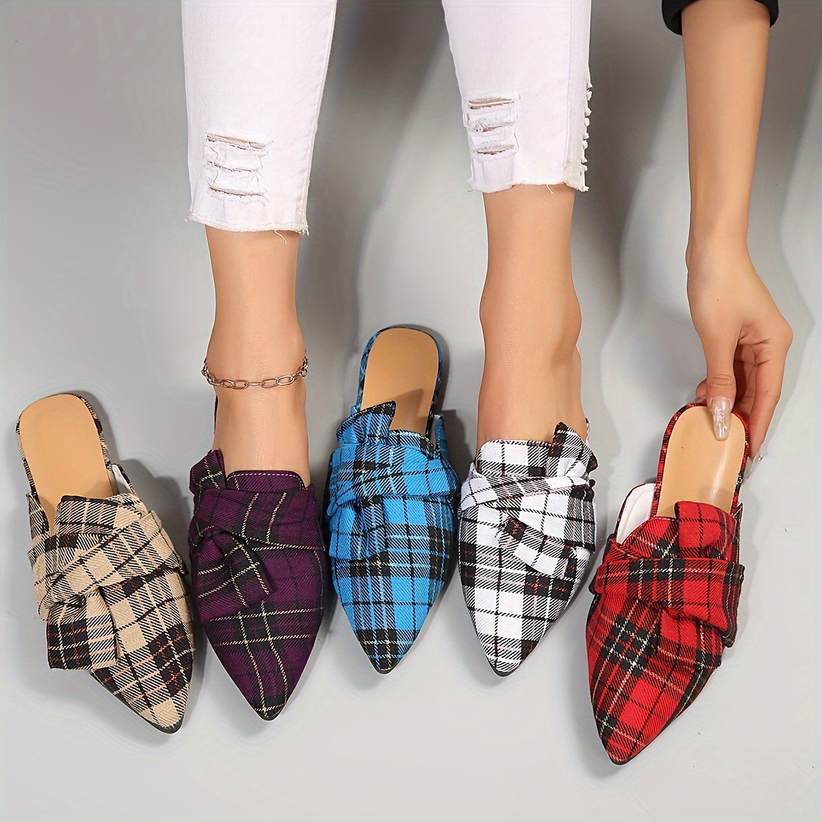 

Women's Plaid Flat Mules, Pointed Toe Slip On Backless Loafers, Fashion All-match Daily Flats