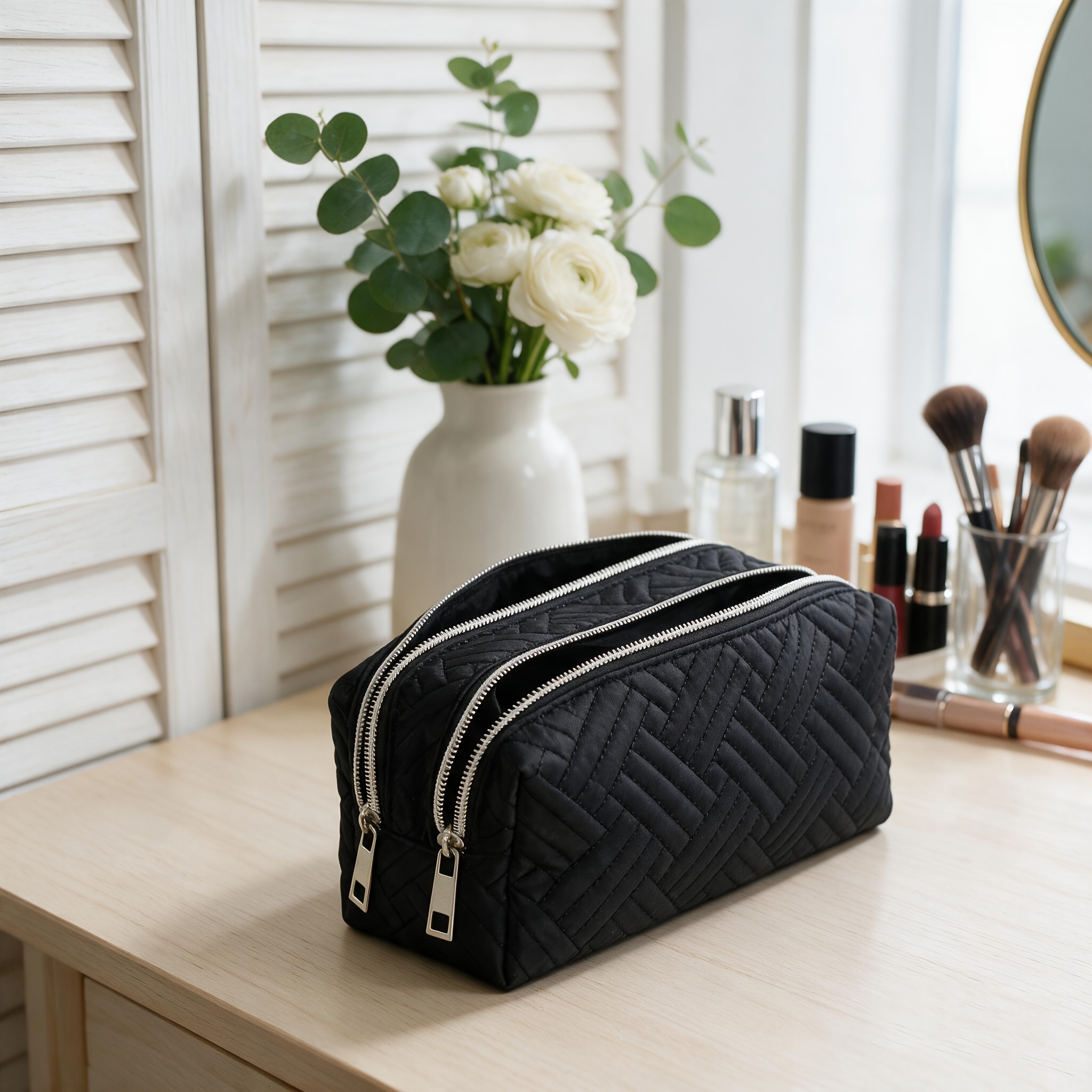 TEMU Neceser de maquillaje de 1 pieza con costuras cosidas, organizador de doble almacenamiento con compartimento de doble capa, bolsa octogonal,