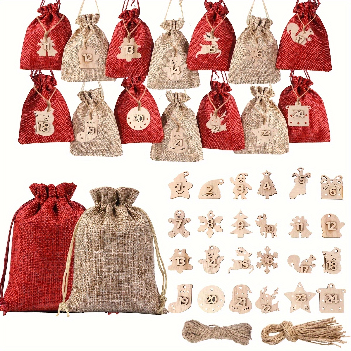 

24pcs Christmas Calendar Set - Burlap Drawstring Gift Bags For 24 Of , Hanging & Treat Pouches For Decorations And