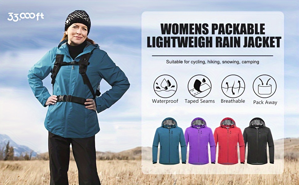  33,000ft Packable Rain Jacket Women Lightweight Waterproof  Raincoat with Hood Cycling Bike Jacket Windbreaker : Clothing, Shoes &  Jewelry
