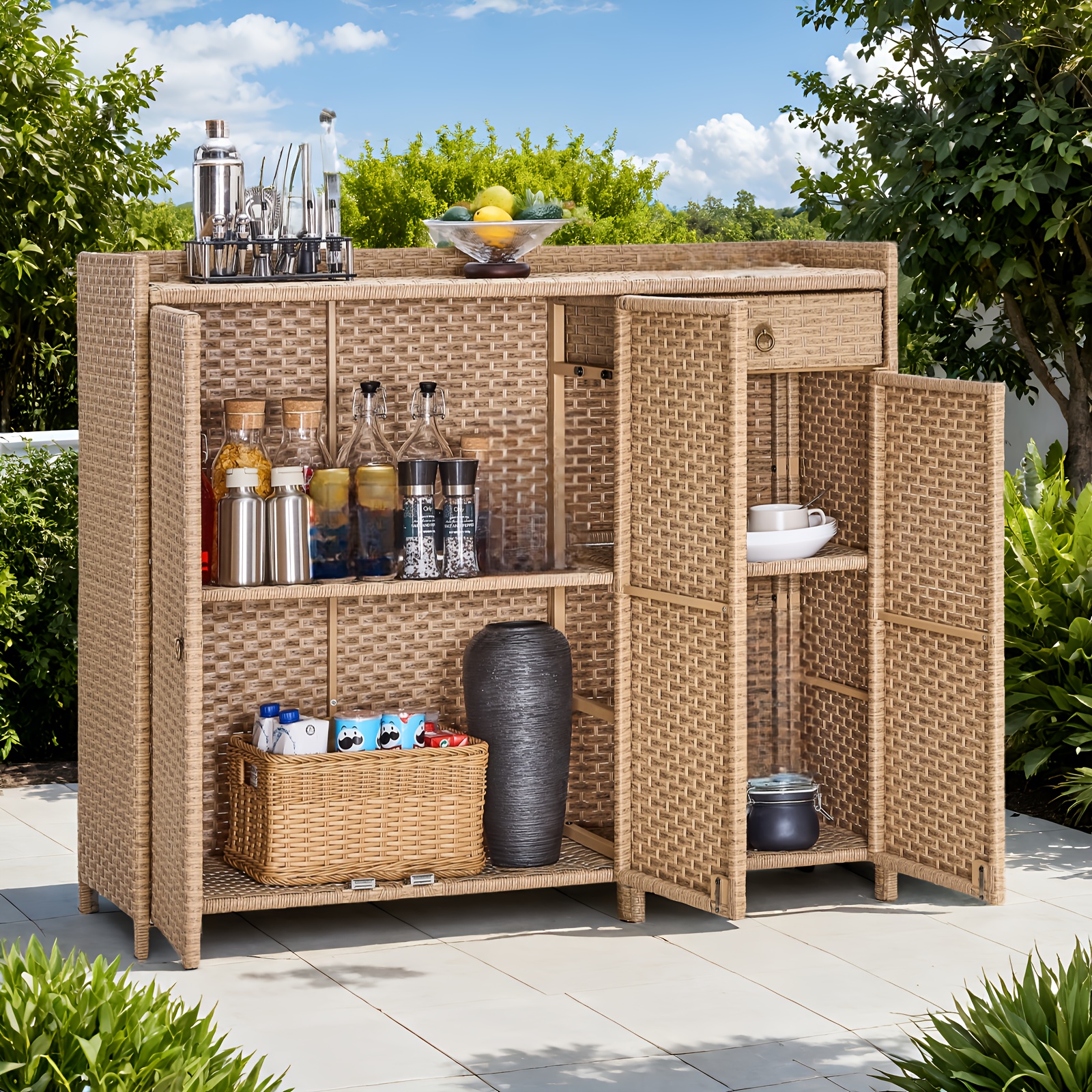 W Wicker Outdoor Storage Cabinet With Tempered Glass