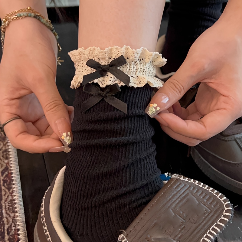 TEMU 1 Pair Of Solid Color Ballet-style Lace-trimmed Short Socks For Women, Soft And Breathable With Cute Bow, Slouching