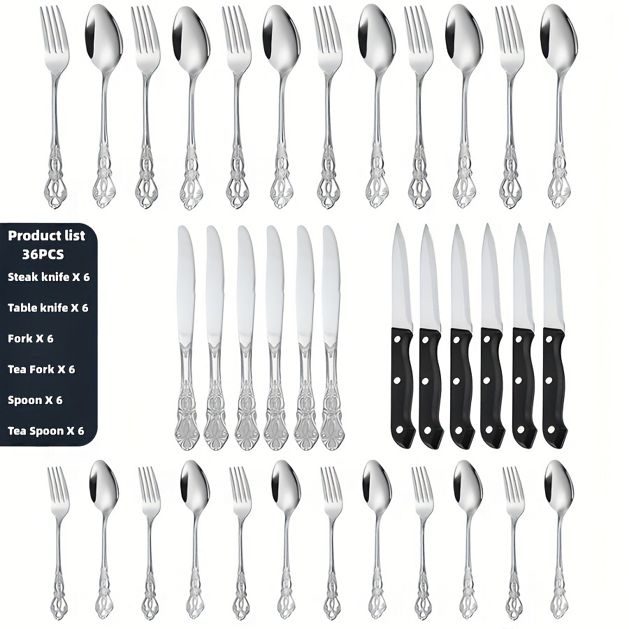 TEMU 1 Set Of 36pcs (6 People) Cutlery Set With Dinner Knife, Dinner Fork, Dessert Fork, Steak Knife, Soup Spoon, Teaspoon, Dishwasher Safe, Home