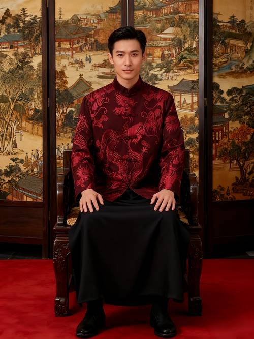 elegant mens traditional chinese tang suit red coat with dragon pattern embroidery chinese collar button up long sleeve outerwear suitable for parties and spring festival celebrations chinese size please check