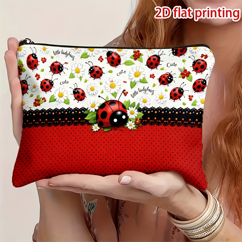 TEMU Trousse de maquillage 1 pièce, impression 2D à plat, coccinelle rouge et marguerite, slogan « Petite Coccinelle » « Mignonne », impression -,