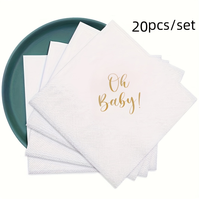 E-shop 20 Stück Doppellagige Einweg-Baby-Shower-Servietten - Elegantes Goldenes "Oh Baby!" Schriftdesign für Gender Reveal, Geburtstagspartys,