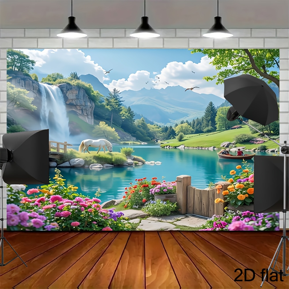 1 pz, 8 opzioni di dimensioni disponibili,   arazzo da parete a tema paesaggio con molla autoadesiva,  , lago,  ,   di fiori con   e capanne, sfondo staccabile e incollabile per matrimoni, feste, natale